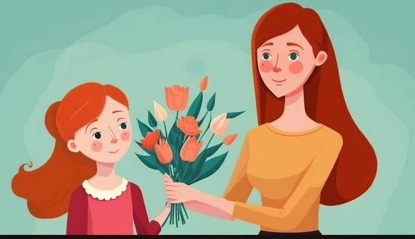 Illustration Of Mother Holding Baby. Happy Mother`s Day Greeting Card. Happy Mothers Day background with flowers. Beautiful young mother with flowers and gift box.