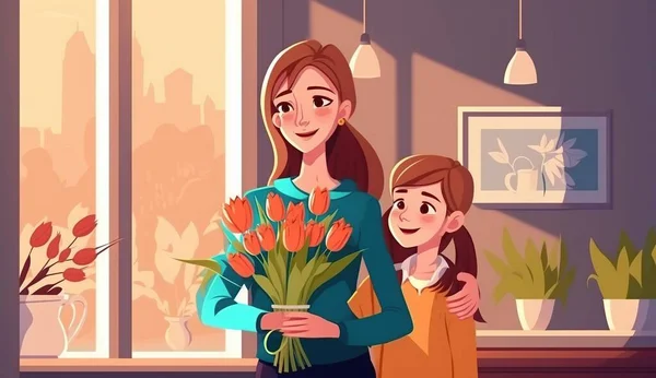 Illustration Of Mother Holding Baby. Happy Mother`s Day Greeting Card. Happy Mothers Day background with flowers. Beautiful young mother with flowers and gift box.