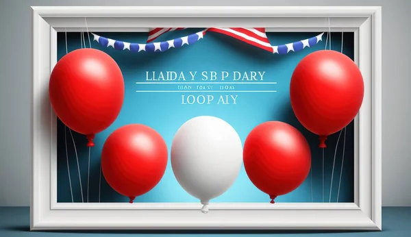 Happy Labor Day greeting banner. Festive design with helium balloons in national colors of american flag and pattern of stars.