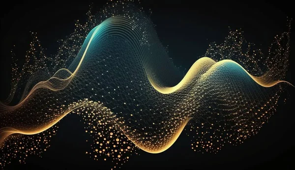 Futuristic digital background. Dynamic blue particle wave. Abstract sound visualization. Digital structure of the wave flow of luminous particles. Concept of the science, chemistry, biology, medicine, technology.