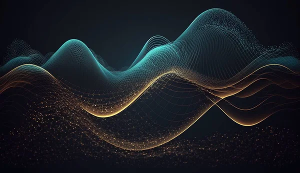 Futuristic digital background. Dynamic blue particle wave. Abstract sound visualization. Digital structure of the wave flow of luminous particles. Concept of the science, chemistry, biology, medicine, technology.