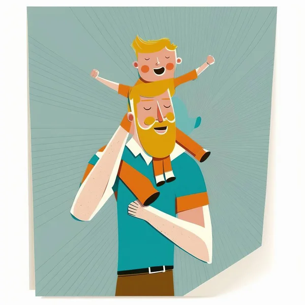 Father\'s Day poster or banner template with hat,necktie and gift box on blue background.Greetings and presents for Father\'s Day in flat lay styling. Father giving son ride on back in park.