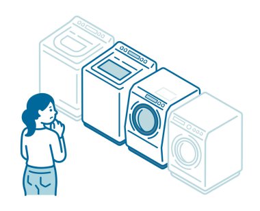 Çamaşır makinesi almakta tereddüt eden bir kadın.