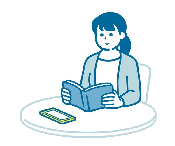 Masada Akıllı Telefonuyla Kitap Okuyan Bir Kadın — Stok Vektör