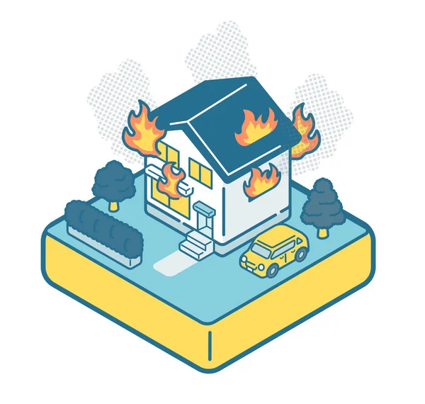 Isometrische Darstellung Eines Hauses Dem Ein Feuer Ausbrach — Stockvektor