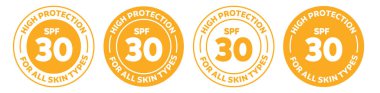 Spf 30 simge seti. spf turuncu renkli logo koleksiyonu.