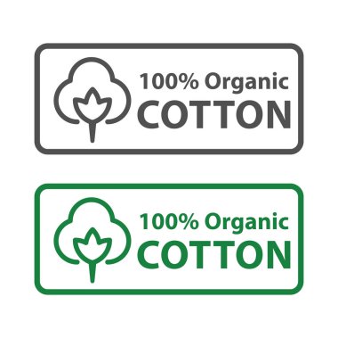 % 100 pamuk simgesi logosu. % 100 organik pamuk ürünleri için uygun. Yeşil ve siyah renkli organik pamuk vektör sertifikası.