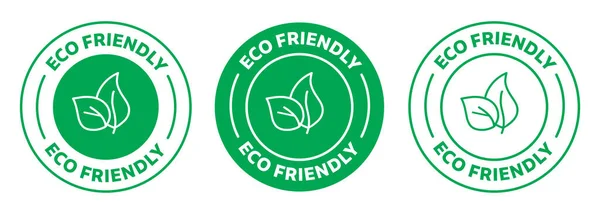Çevre dostu ikonlar. Ekolojik sağlıklı ya da doğal gıda ürünlerinin yeşil vektör rozeti, yeşil yaprak etiketi. izole Vektör İllüstrasyonu.