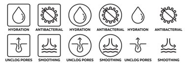 Skin Hydration, unclog pores, anti-bacterial, and skin smoothing icon collection. suitable for facial cleanser products. clipart