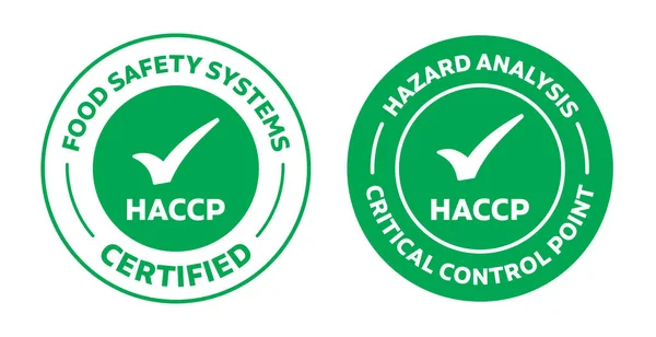 HACCP sertifikalı ikon, HACCP simgesi, gıda güvenlik sistemi yuvarlak pulu, kontrol listesi sembollü iki HACCP yeşil renk vektör logosu. HACCP kalite rozet illüstrasyonu.