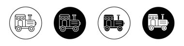 Oyuncak Tren Simgesi Seti. Eski lokomotif demiryolu Çocuk Oyuncağı vektör sembolü siyah doldurulmuş ve ana hatlarıyla çizilmiş. Çocukluk Maceraları İmzası.