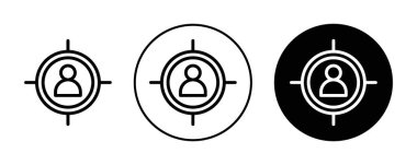 Hedef pazar simgesi ayarlandı. Müşteri kitlesi logo simgesini siyah doldurulmuş ve özetlenmiş şekilde odakla. Hedef grup insan imzası.