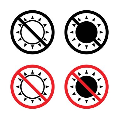 Güneş ikonu yok. Güneş ışığına maruz kalma vektör sembolü siyah doldurulmuş ve ana hatlarıyla çizilmiş. Güneş işareti yok..