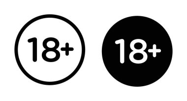 18 + simgesi seti. Yetişkin Artı Yaş Çemberi vektör sembolü siyah doldurulmuş ve ana hatlarıyla çizilmiş. 18 yıllık sınır işareti.