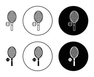 Tenis ikonu seti. Siyah doldurulmuş ve ana hatları çizilmiş bir spor raketi vektör sembolü. Mahkeme Meydan Okuma İmzası.