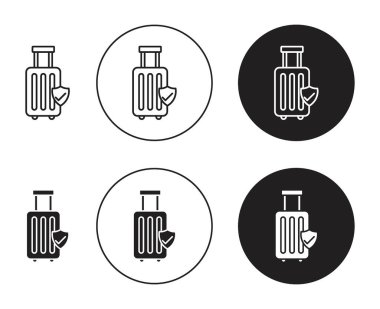 Bagaj Simgesi Koruması. Bagaj sigortası kalkan taşıyıcı sembolü siyah doldurulmuş ve ana hatlarıyla çizilmiş. Bagajı koruyun ve koruyun. İmza..