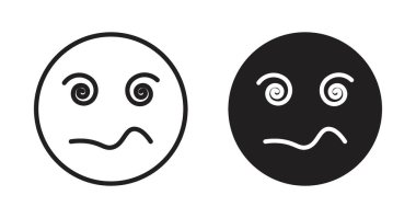 Hipnotize edilmiş Emoji Simgesi Seti. Soyut Göz Delisi Yüz Vektör Sembolü siyah doldurulmuş ve ana hatlarıyla çizilmiş. Baş döndürücü Kalp Sanatı İşareti.