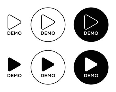 Demo video simgesi seti. Demo Video Odası Konferans Kurulu vektör sembolü siyah doldurulmuş ve ana hatlarıyla çizilmiş. İş Ürünleri Tanıtım Videosu Web Sitesi İmzası.