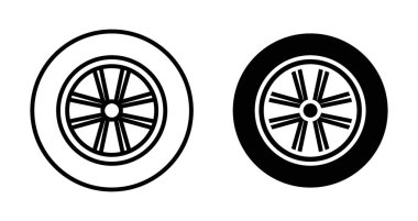 Araba Tekerleği Simgesi Seti. Otomatik lastik jant vektör sembolü siyah doldurulmuş ve ana hatlarıyla çizilmiş. Yol Ustası İşareti.