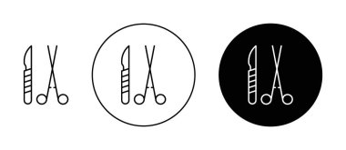 Cerrahi ikon seti. Neşter Operasyonu ve Tıbbi Vektör sembolü siyah doldurulmuş ve ana hatlarıyla çizilmiş. Hassasiyet Bakım İmzası