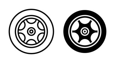 Araba Tekerleği Simgesi Seti. Otomatik lastik jant vektör sembolü siyah doldurulmuş ve ana hatlarıyla çizilmiş. Yol Ustası İşareti.