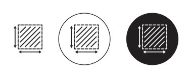 Alan ve Boyut Simgesi Ayarlandı. Kare Boyutu Uzay Sahası Vektör Sembolü siyah doldurulmuş ve ana hatlarıyla çizilmiş. Ölçüm Doğruluk İşareti.