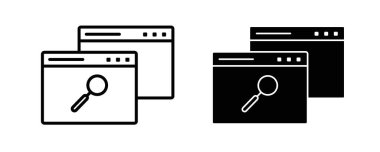 Web Arama Simgesi Ayarlandı. İnternet Çevrimiçi İyimser Tarayıcı Bilgi Vektörü Sembolü siyah doldurulmuş ve özetlenmiş bir stilde. Bilgisayar Teknolojisi Mercek İşareti.