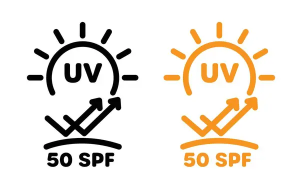UV SPF 50 koruma simgesi seti. Siyah doldurulmuş ve ana hatları çizilmiş güneş ekranı koruma vektör logosu sembolü. uva güneş kremi koruması logosu.