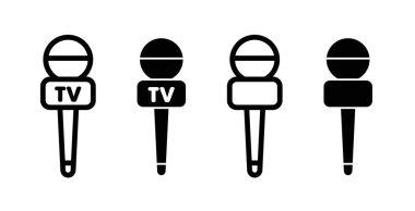 Mikrofon baskı ikonu seti. Haber muhabiri Mike vektör logosu simgesi siyah doldurulmuş ve ana hatlarıyla çizilmiş. Medya gazetecisi mikrofon simgesi.