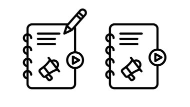 İçerik pazarlama simgesi seti. Not defteri makalesi ve blog vektör sembolü siyah doldurulmuş ve ana hatlarıyla özetleniyor. Megafon tasarım işareti.