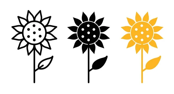 Sunflower Icon Set. Flower summer art vector symbol in a black filled and outlined style. Solar Blossom Sign.