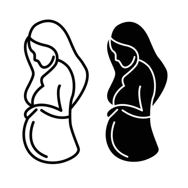 Hamilelik ikonu setine uygun. Hamile kadın jinekoloji sağlık vektör sembolü siyah doldurulmuş ve ana hatlarıyla çizilmiş. Hamilelik işaretinde takım elbiseler.