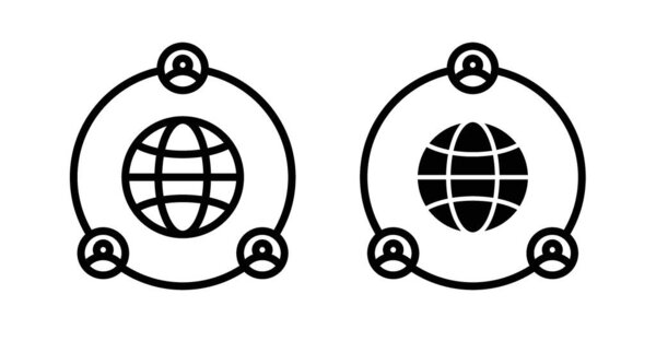 Outsourcing icon set. Globe affliate network communication vector symbol in a black filled and outlined style. Internet Remote work sign.