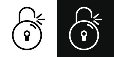 Simge kilidini aç. Asma kilit vektör logosu simgesi siyah doldurulmuş ve ana hatlarıyla çizilmiş. Kilit kodu logosunu aç.