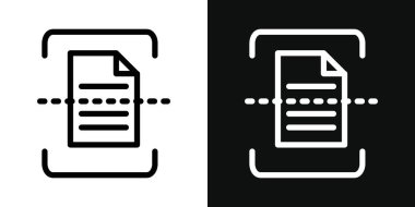 Belge simgesini tara. Dijital kağıt dosya tarayıcı vektör sembolü siyah doldurulmuş ve ana hatlarıyla çizilmiş. OCR yazıcı işareti.