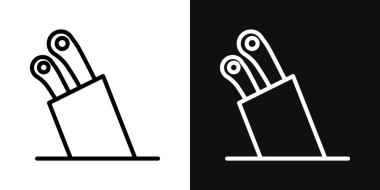 Mutfak bıçağı bloğu ikonu hazır. Şef ve kasap, depolama vektör sembolünü siyah doldurulmuş ve ana hatlarıyla çizilmiş bir şekilde bıçaklar. Mutfak aracı işareti.