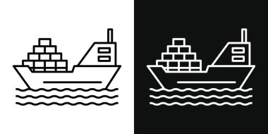 Kargo Gemisi Simgesi Ayarlandı. Deniz nakliye gemisi taşıyıcı sembolü siyah doldurulmuş ve ana hatlarıyla çizilmiş. Okyanus Yolculuğu İşareti.