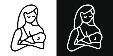 Emzirme ikonu seti. Anne, siyah doldurulmuş ve ana hatlarıyla bebek vektör sembolüne brrast sütü veriyor. Kadın emzirme oğlu işareti..