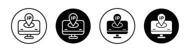 IP simgesi ayarlandı. GPS ve harita izi vektör sembolü siyah doldurulmuş ve çizilmiş bir stilde. Ip ağ izleme teknolojisi işareti.