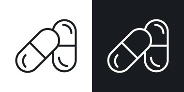 Ağrı kesici ikon seti. Acı azaltma hapı ve kapsül vektör sembolü siyah doldurulmuş ve özetlenmiş. Sağlık sigortası tableti.