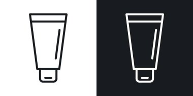 Krem tüpü ikonu hazır. Kozmetik losyon paket vektör sembolü siyah doldurulmuş ve ana hatlarıyla çizilmiş. Cilt bakımı ürünü ve diş macunu işareti.