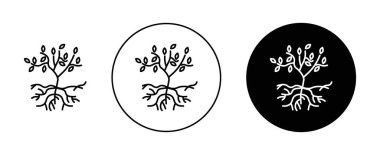 Kökleri ve Yaprak Simgesi Ayarlı Ağaç. Kök yaprağı ve botanik vektör sembolü siyah doldurulmuş ve ana hatlarıyla çizilmiş. Dünyanın Bağlantı İşareti.