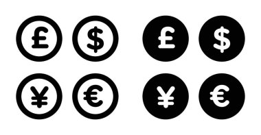 Para simgesi ayarlandı. Dolar, euro, Japon Yen ve pound sikke vektör sembolü. para birimi dönüştürme işareti.