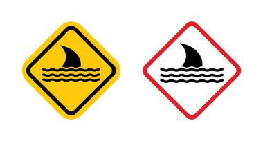 Köpekbalığı işareti tehlikesi. Köpekbalığı saldırısı alanı uyarı vektör sembolü. Sahilde su köpekbalığı bölgesi simgesi.