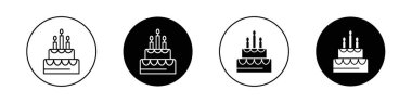 Doğum günü pastası simgesi seti. Kek mumu kiraz vektör sembolü siyah doldurulmuş ve ana hatlarıyla çizilmiş. Kutlama Dilimi İşareti.