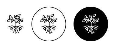 Kökleri ve Yaprak Simgesi Ayarlı Ağaç. Kök yaprağı ve botanik vektör sembolü siyah doldurulmuş ve ana hatlarıyla çizilmiş. Dünyanın Bağlantı İşareti.