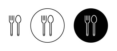 Spoon ve Fork Icon Set. Sofra takımı yemek vektör sembolü siyah doldurulmuş ve ana hatlarıyla çizilmiş. Mutfak Gerekli İmza.