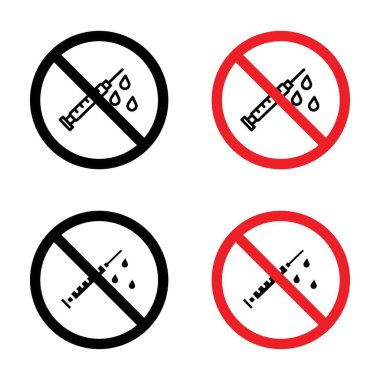 Şırınga İmza Simgesi Seti yok. İğne ve aşı vektör sembolü siyah doldurulmuş ve ana hatlarıyla çizilmiş. Tıbbi İğne Yasaklama İşareti.