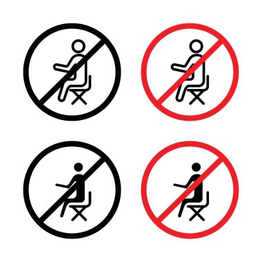 Oturma işareti simgesi yok. Oturulmayan ve yasaklı vektör sembolü siyah doldurulmuş ve ana hatlarıyla çizilmiş belirli yerlerde oturulmasını yasaklayın. Kısıtlı oturma alanları için kılavuzlar imzalayın.