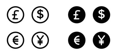 Para simgesi ayarlandı. Dolar, euro, Japon Yen ve pound sikke vektör sembolü. para birimi dönüştürme işareti.